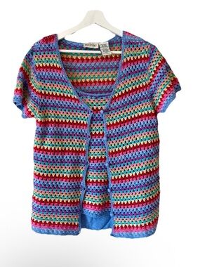 Vintage White Stag Crochet Multicolor Short-Sleeve Cardigan and Tank Set Size L